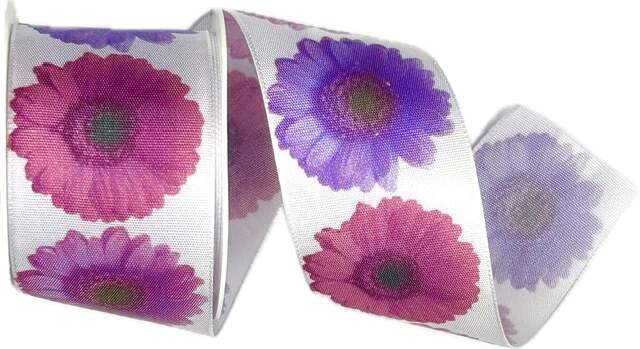 Set 3x Stuha taftová GERBERA PURPLE fotopotisk Gerbera 3x (40mm x 2m) 