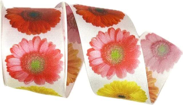 Set 3x Stuha taftová GERBERA YELLOW fotopotisk Gerbera 3x (40mm x 2m)  