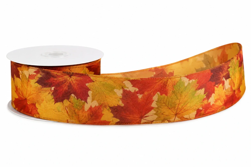 Taftová stuha PODZIMNÍ LISTÍ – barevná 40mm x 2m