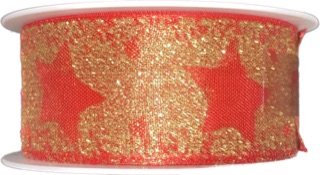 Vánoční stuha organzová GLAMOUR STAR červená 25mm x 2,5m (10,-Kč/m)