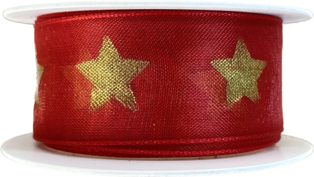 Stuha vánoční organzová GOLD STAR RED červená 25mm x 2m (10,-Kč/m)