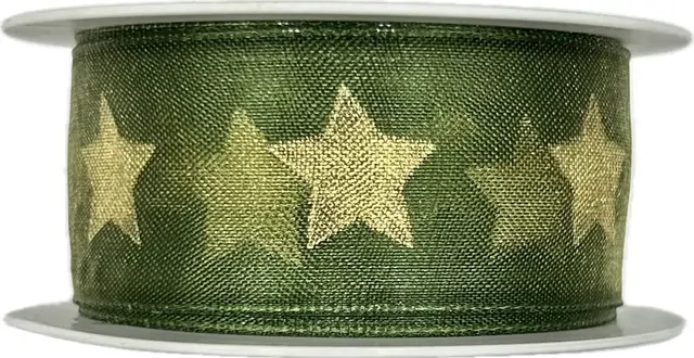 Stuha vánoční organzová GOLD STAR GREEN zelená 25mm x 2m (10,-Kč/m)