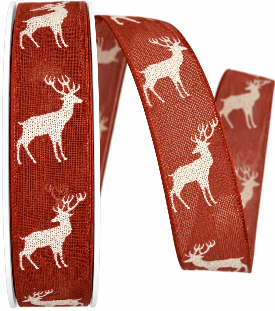 Stuha vánoční bavlněná WINTER DEER červená s bílými jeleny a stříbrným třpytem