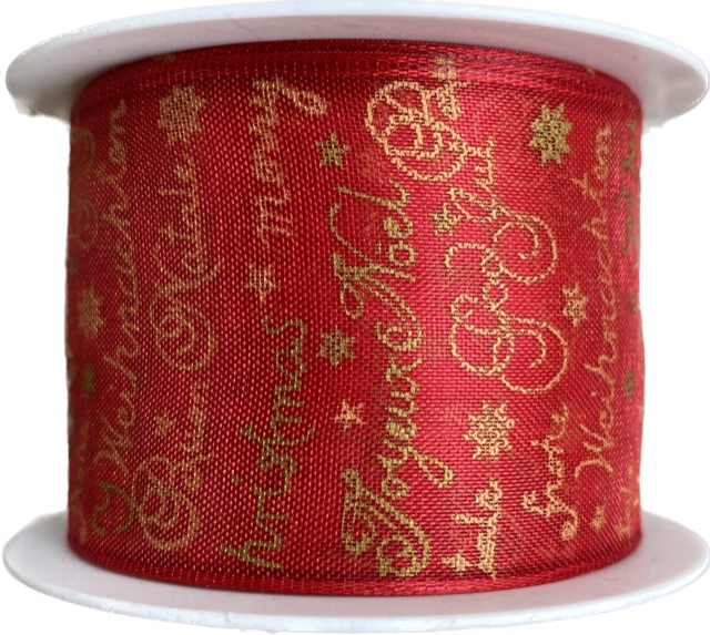 Stuha vánoční organzová CHRISTMAS FONT RED červená 40mm x 2m (15,-Kč/m)