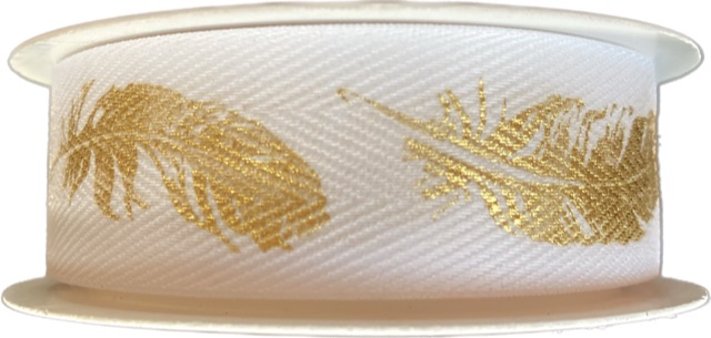 Stuha bavlněná FEATHER GOLD bílá 25mm x 2m (8,-Kč/m)
