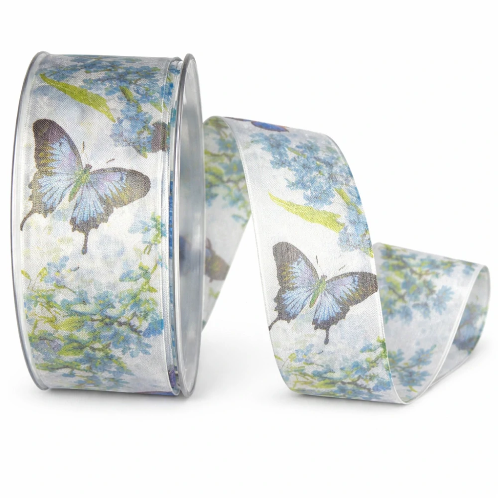 Taftová stuha Blue Butterfly Meadow 40mm × 20m – průsvitná, motýlí potisk