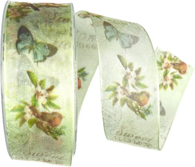 Taftová stuha Whispering Meadow – Butterflies & Birds 40mm × 20m