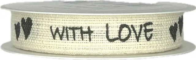 Stuha bavlněná s potiskem WITH LOVE krémová 15mm x 2m (10,-Kč/m)