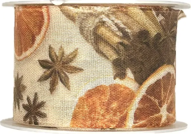 Stuha vánoční ORANGE CINNAMON krémová 40mm x 2m (14,-Kč/m)