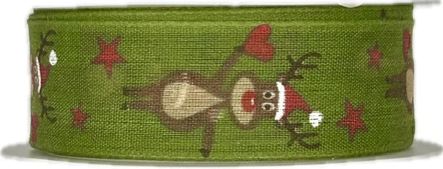 Stuha vánoční SOBÍK SE SRDCEM zelená 25mm x 2m (10,-Kč/m)