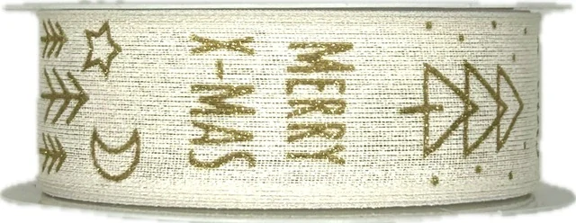 Vánoční stuha bílá MERRY-XMAS zlatý potisk 25mm x 2m (5,- Kč/m)