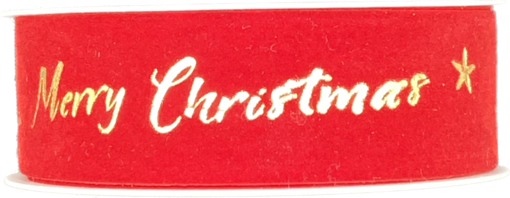Stuha vánoční sametová VELUTTO MERRY CHRISTMAS RED červená 25mm x 3m (10,-Kč/m)