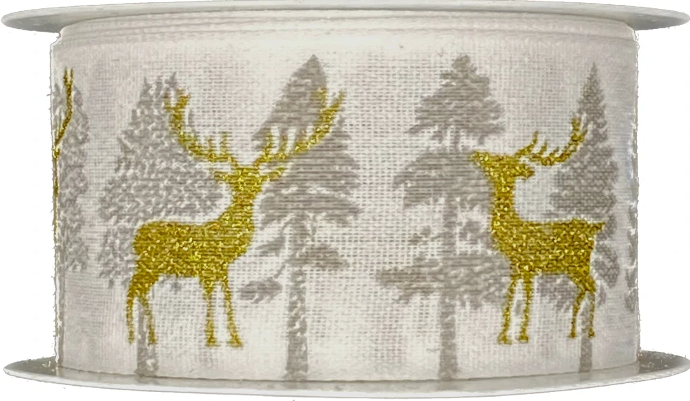 Vánoční bavlněná stuha CHRISTMAS DEER WHITE 40mm x 2m (14,-Kč/m)