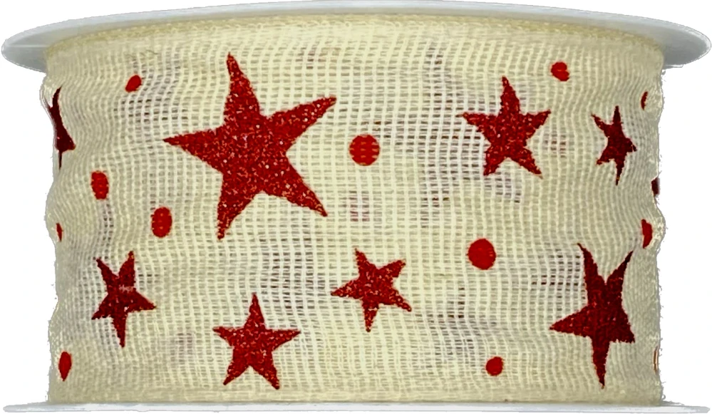 Vánoční bavlněná stuha STAR LIGHT CREAM krémová 40mm x 2m (14,-Kč/m)