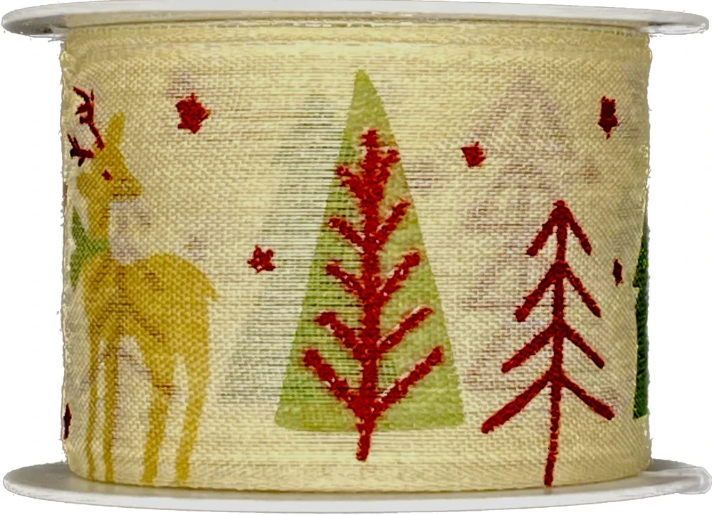 Vánoční bavlněná stuha WINTER FOREST DEER CREAM krémová 40mm x 2m (14,-Kč/m)