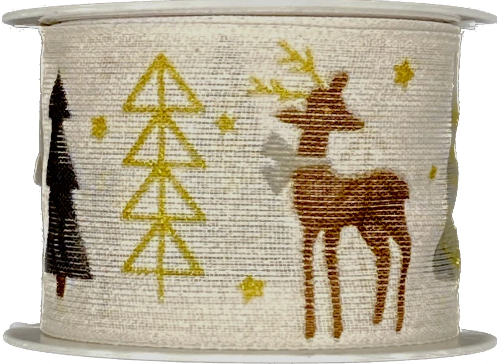 Vánoční bavlněná stuha WINTER FOREST DEER WHITE bílá 40mm x 2m (14,-Kč/m)