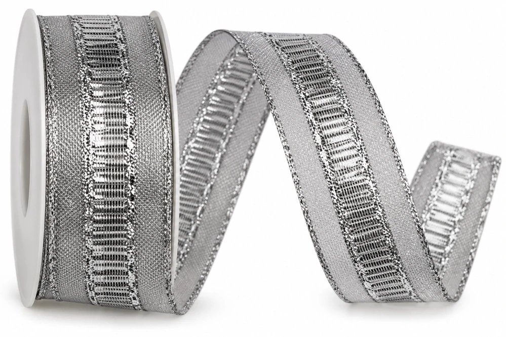 IMPERIAL SILVER – stříbrná lurexová stuha s drátkem 25mm x 2m (12,-Kč/m)
