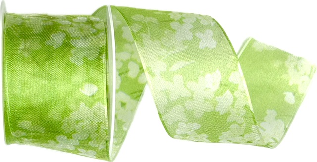 GREEN GARDEN MIST – taftová stuha zelená s květinovým potiskem 40mm × 2m