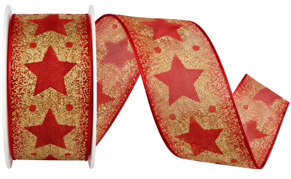 Stuha vánoční GLAMOUR STAR RED červená 40mm x 2m (14,-Kč/m)