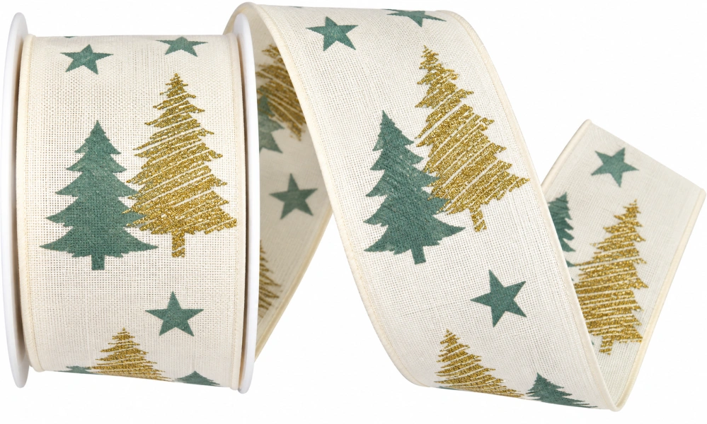 Stuha vánoční Golden Pine Glow – White bílá 40mm x 2m (14,-Kč/m)