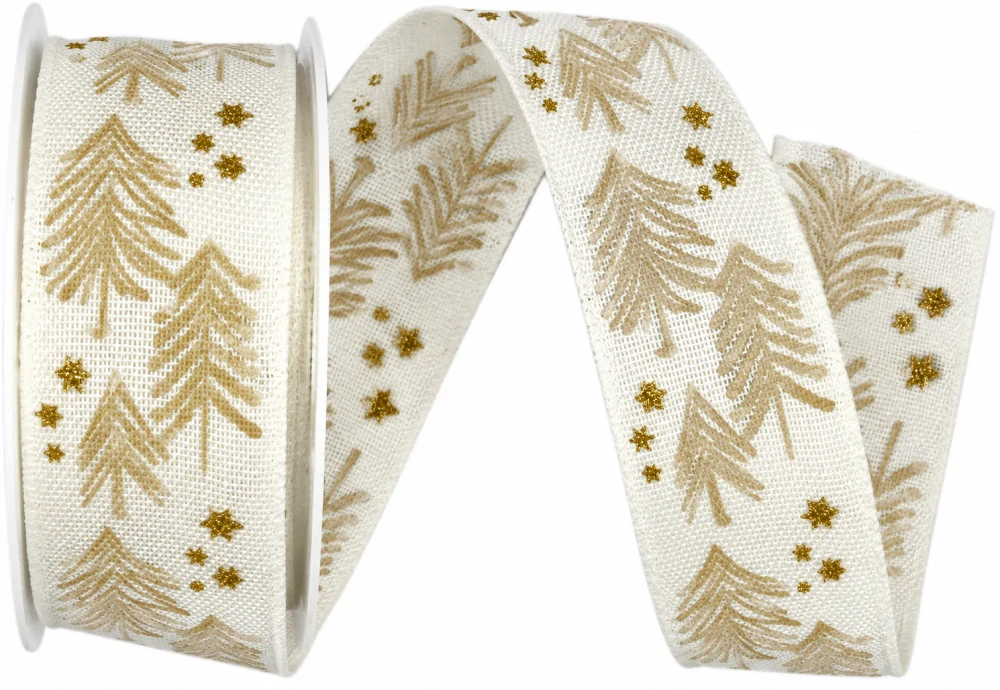 Stuha vánoční X-MAS TREES GREEN krémová 25mm x 3m (9,-Kč/m)