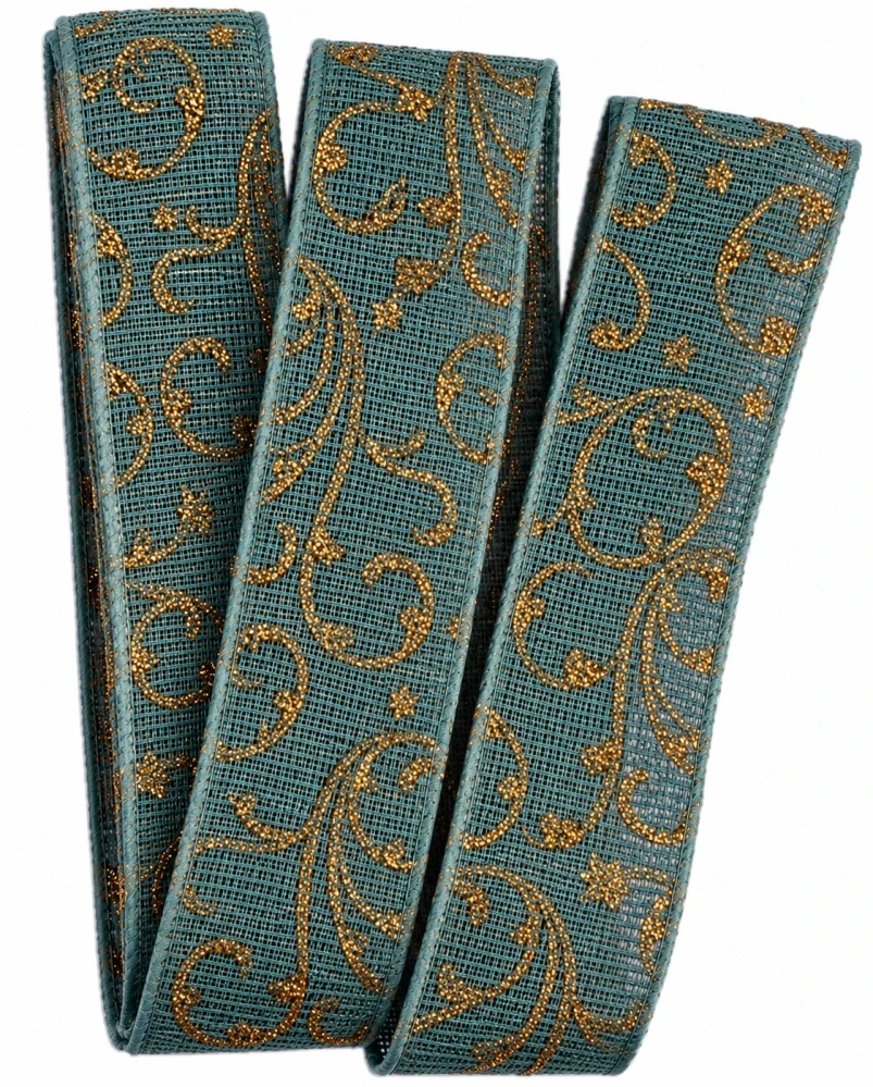 Vánoční ornament Turquoise Gold – bavlněná stuha tyrkysová se zlatým potiskem 25mm x 2m