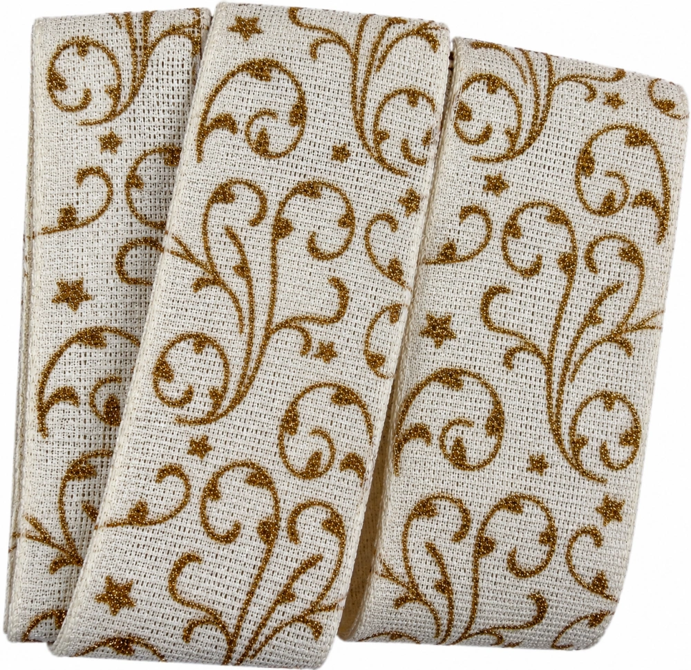 Vánoční ornament White Gold – bavlněná stuha bílá se zlatým potiskem 40mm x 2m