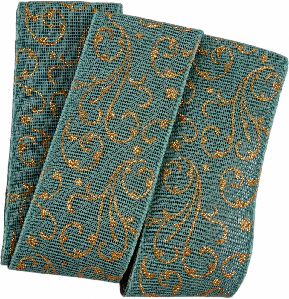 Vánoční ornament Turquoise Gold – bavlněná stuha tyrkysová se zlatým potiskem 40mm x 2m