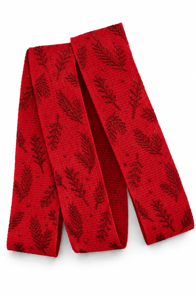 Vánoční větvičky Red – bavlněná stuha červená s červeným potiskem 25mm x 2m