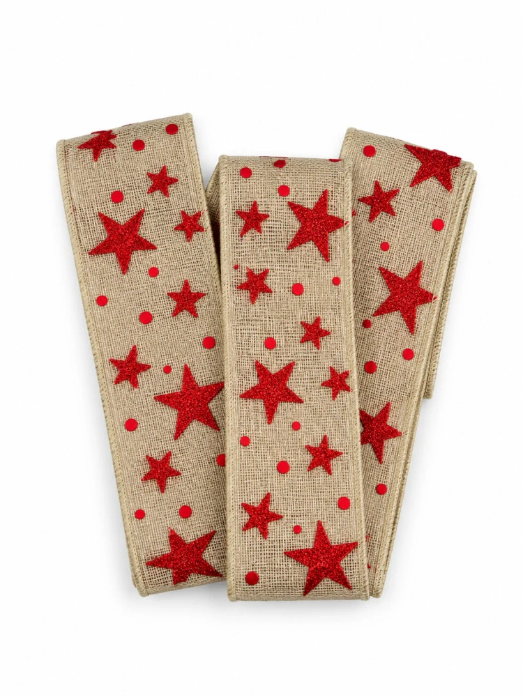 Stuha vánoční ADVENTNÍ HVĚZDY šedá s červenými glitrovými hvězdami 40mm x 2m