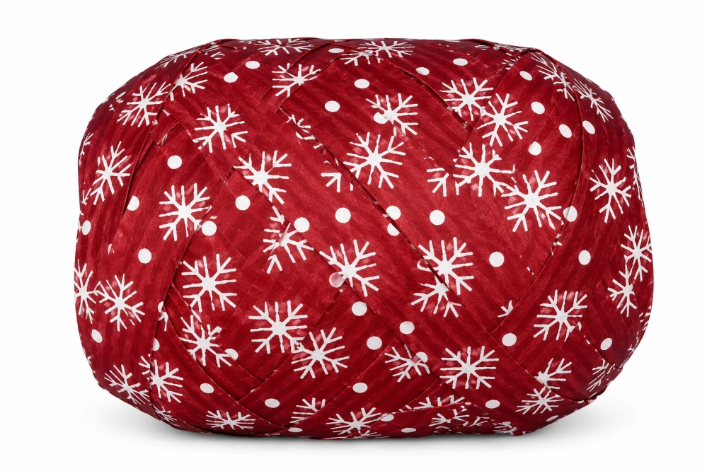Vánoční vázací stuha MEGA NATURO RED Vločky bílé (velké Mega klubko)10mm x 12m