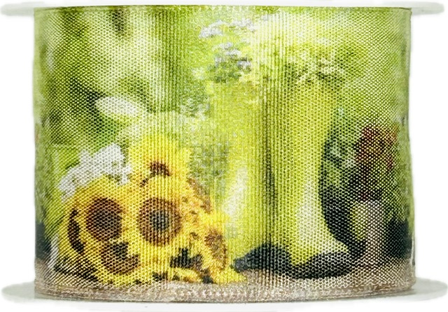 Taftová stuha SUNFLOWER GARDEN – letní zahradní motiv se slunečnicemi 40mm x 2m (9,-Kč/m)