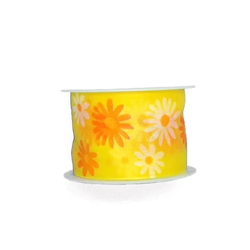 SPRING FLOWER YELLOW – taftová stuha žlutá s květinovým potiskem 40mm × 2m 