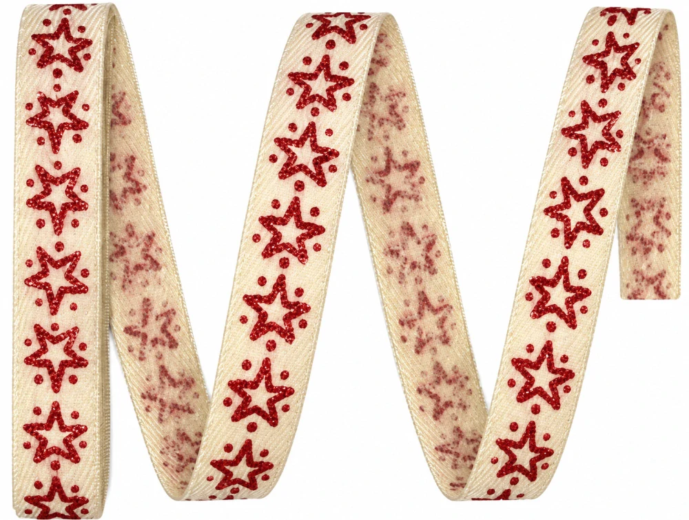 Vánoční stuha RED STAR NATUR potisk hvězdy červené 15mm x 2m (6,- Kč/m)