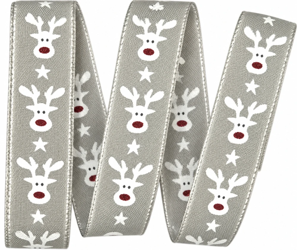Vánoční stuha bavlněná HAPPY REINDEER pastelově šedá 25mm x 2m (8,50 Kč/m)
