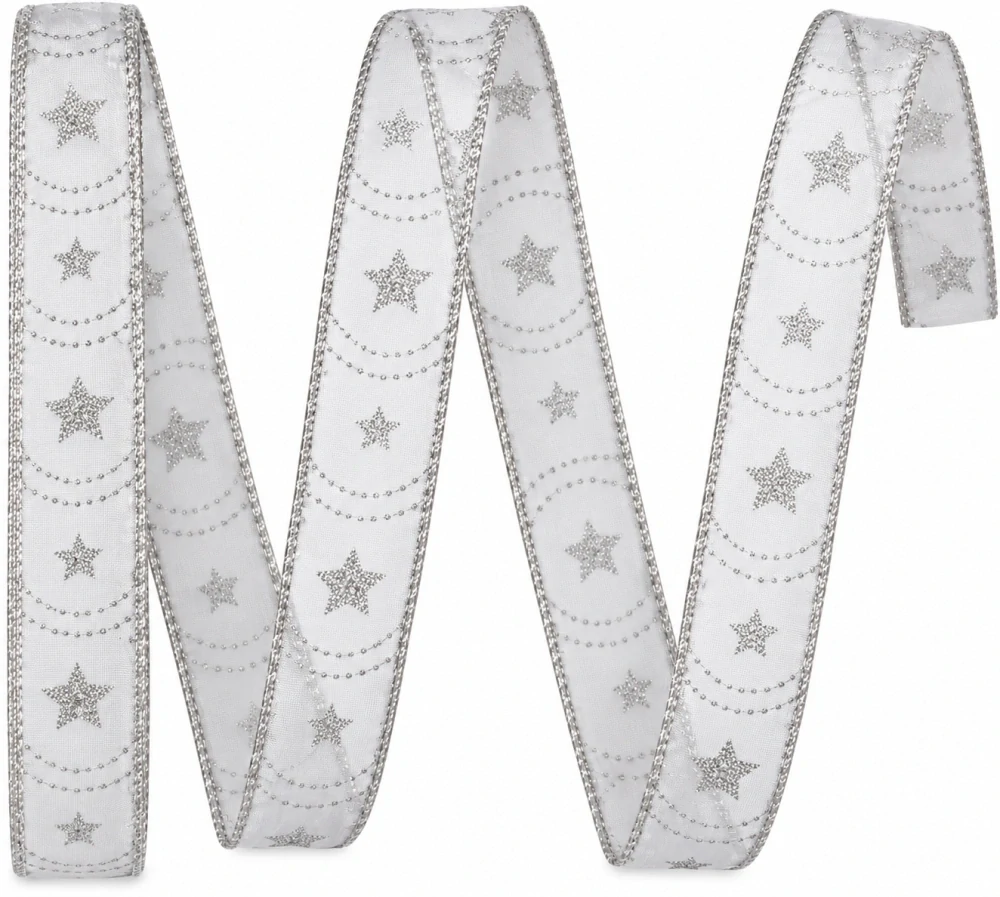 Stuha vánoční HARMONY WHITE – bílá se stříbrným potiskem 15mm x 2m (6,- Kč/m)