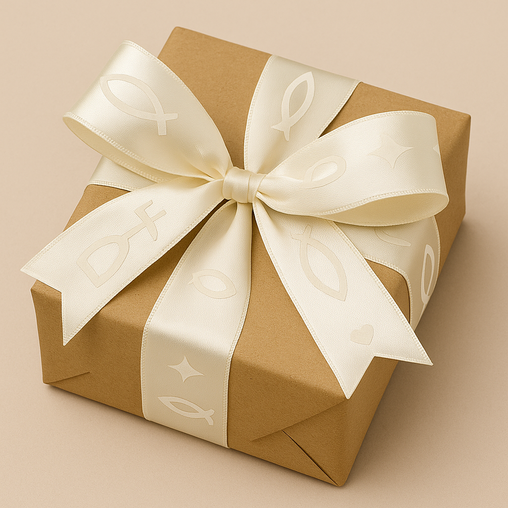 Saténová stuha „Víra & Naděje“ – kalich a ryba, smetanová 40mm x 2m 