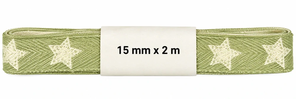 Vánoční stuha WHITE STAR LIGHT GREEN pastelově zelená 15mm x 2m ( 2,50 Kč/m)