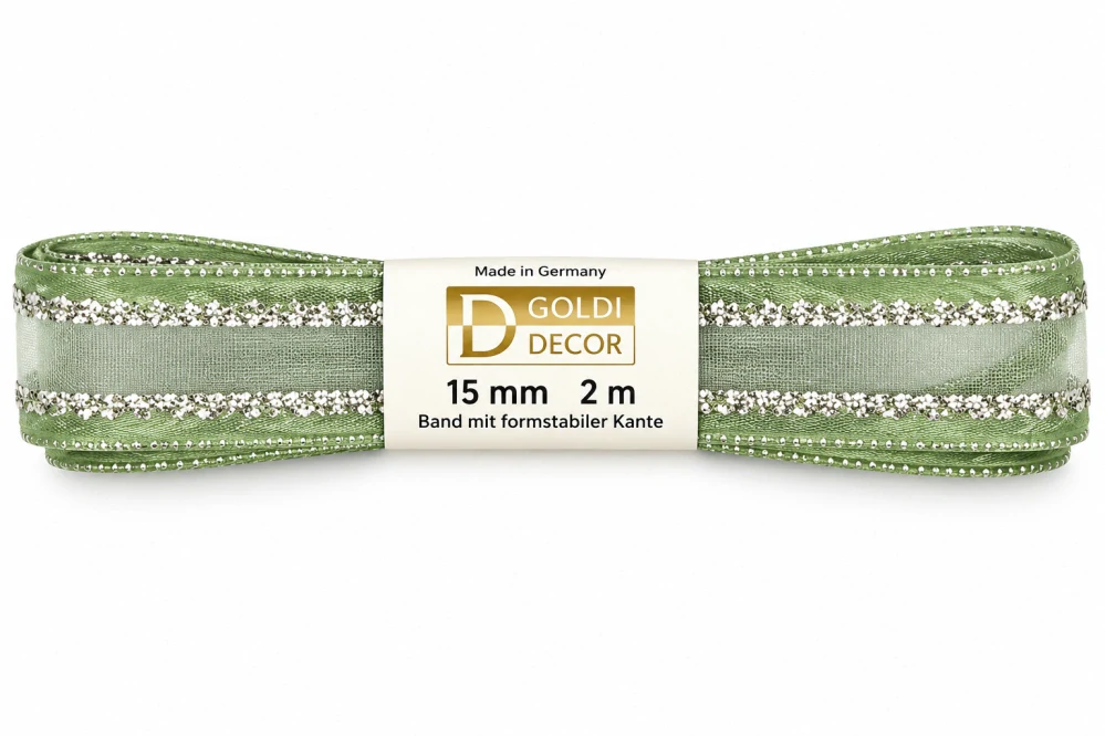 Stuha organzová  MONDAN MINT SILVER  pastelově zelená 15mm x 2m (7,-Kč/m)