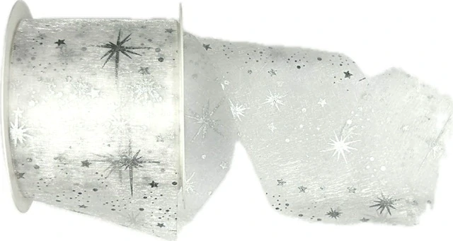 Vánoční stuha organzová ORGANDY STARS bílá 60mm x 3m (13,-Kč/m)