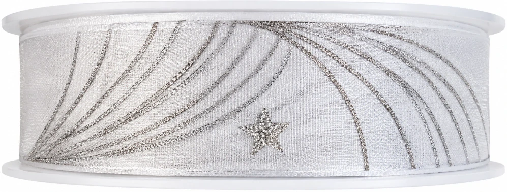 Stuha vánoční taftová CHRISTMAS CURTAIN bílá se stříbrným třpytem 25mm x 20m