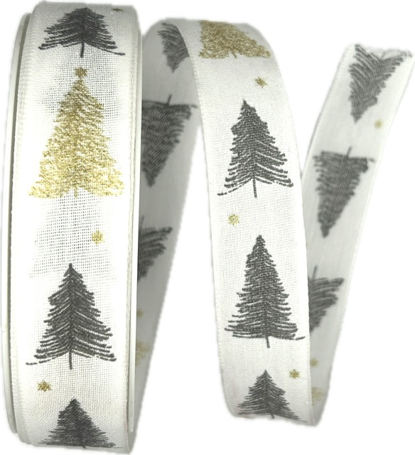 Stuha vánoční bavlněná BLACK AND GOLD TREES 25mm x 20m (8,-Kč/m)
