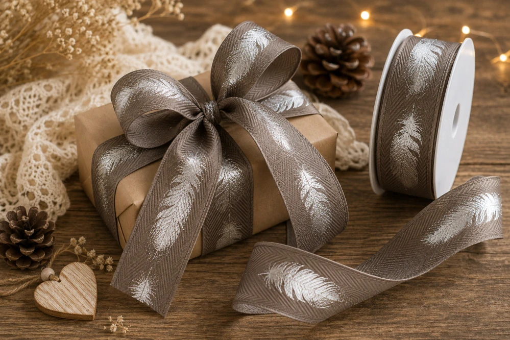 Stuha bavlněná FEATHER SILVER šedá 25mm x 2m (8,-Kč/m)