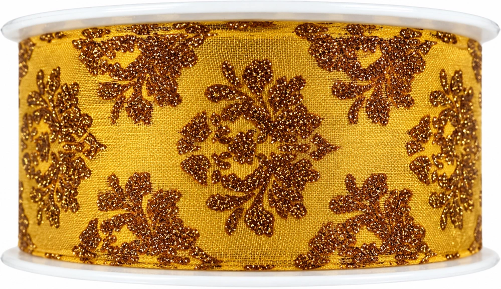 Stuha vánoční taftová ROYAL NIGHT GOLD šafránová se zlatým třpytem 40mm x 20m