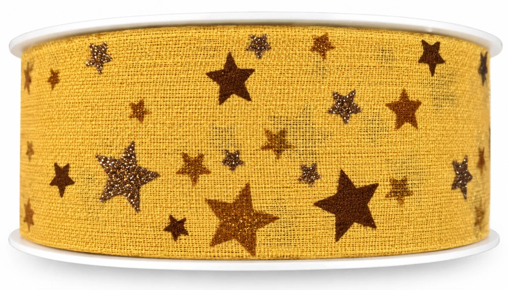 Stuha vánoční CELESTIAL SAFRAN šafránová se zlatými hvězdami 40mm x 20m