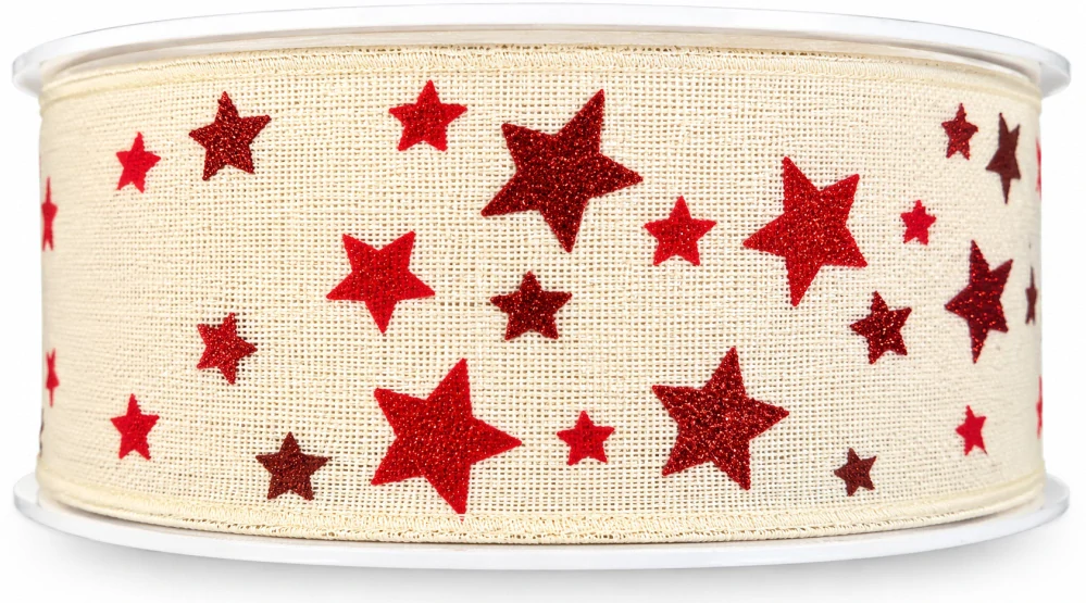 Stuha vánoční CELESTIAL CREME krémová s červenými hvězdami 40mm x 20m