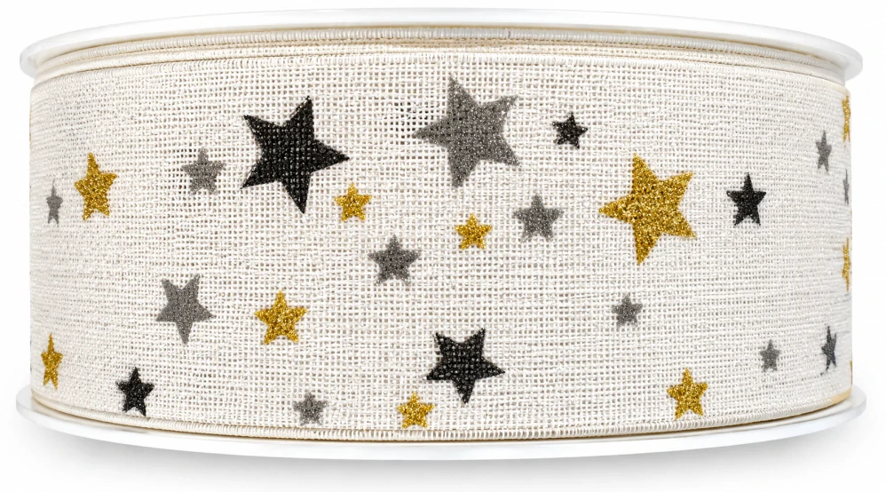 Stuha vánoční CELESTIAL WHITE bílá se zlatými hvězdami 40 mm × 20 m