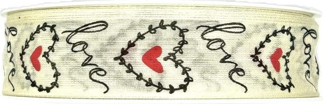 Bavlněná stuha Love & Hearts – krémová 25mm x 20m