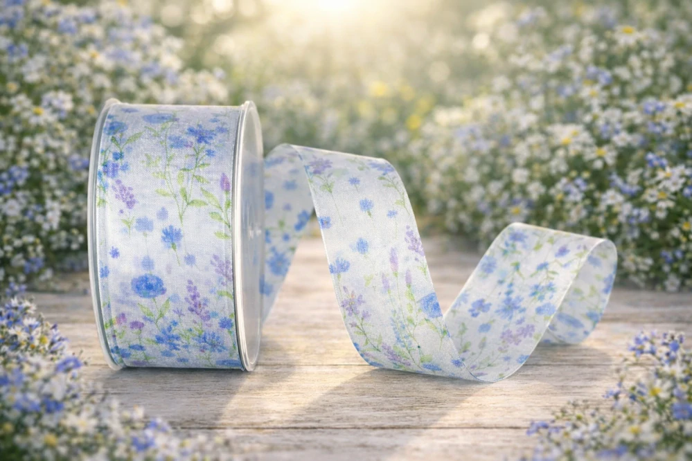 Stuha taftová WILDFLOWER MEADOW Light Blue 40mm x 20m