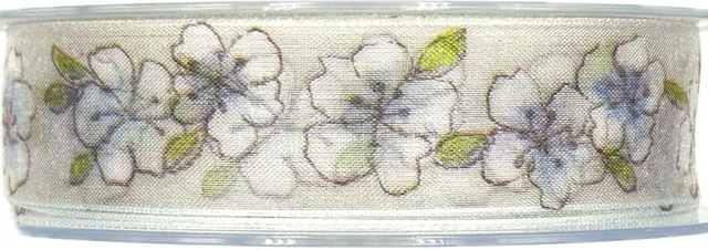 Stuha taftová WHITE FLOWERS bílá, transparentní 25mm x 20m (6,-Kč/m) AZ